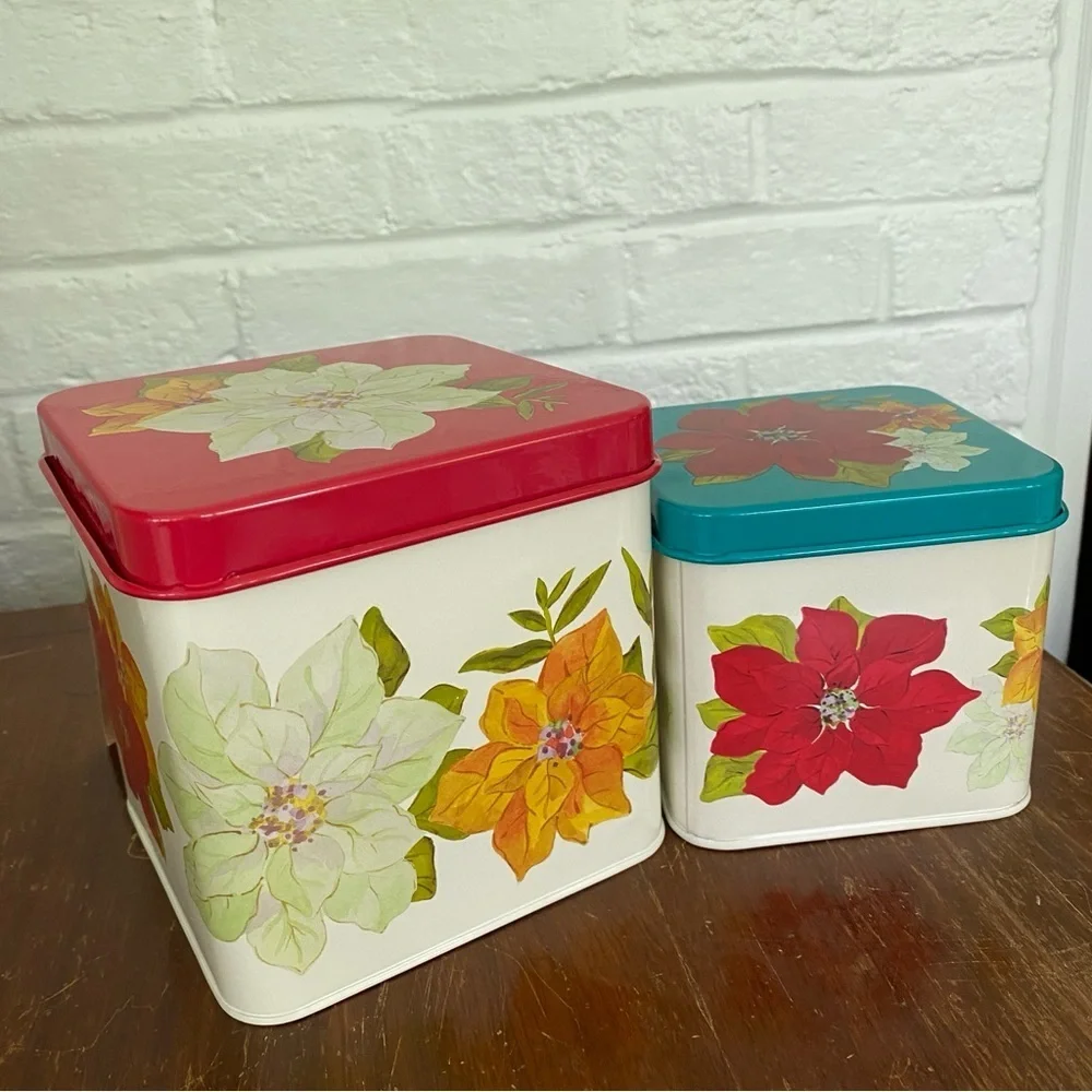 PIONEER WOMAN Poinsettia Cookie Tins Set of 2 New